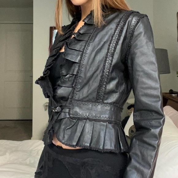 Moda International Leather Ruffle Detail Blazer Jacket - Picture 2 of 15